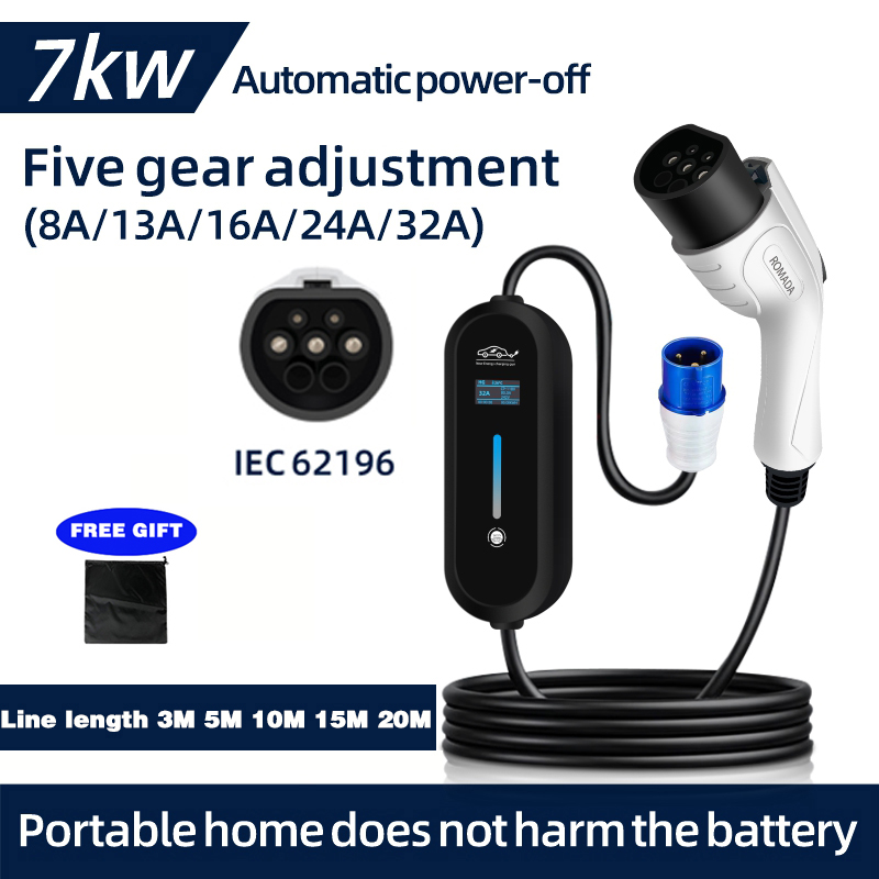 Portable Ev Charger 32A Type 2 Cee Plug - Romada 7kw 32a Ev Draagbare Oplader