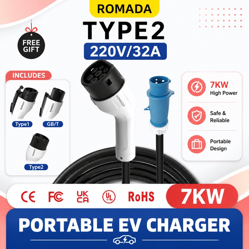 7KW ROMADA draagbare oplader v - Portable Ev Charger 32A Type 2 Cee Plug recensie en prijs